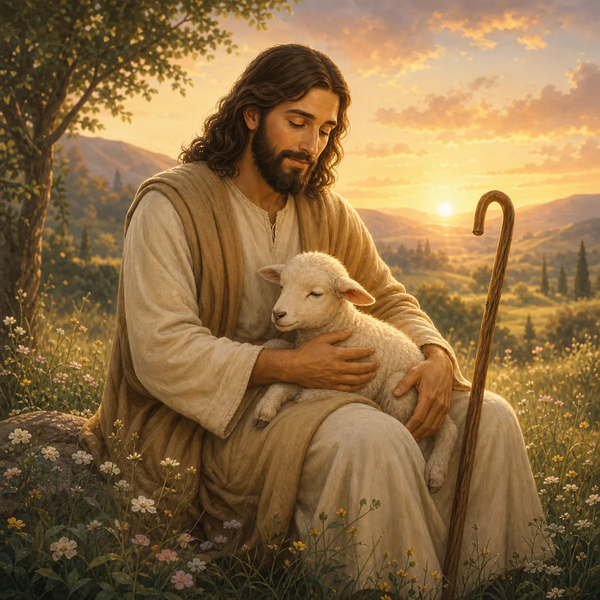 Storybook artwork of Jesus as the good shepherd with a lamb