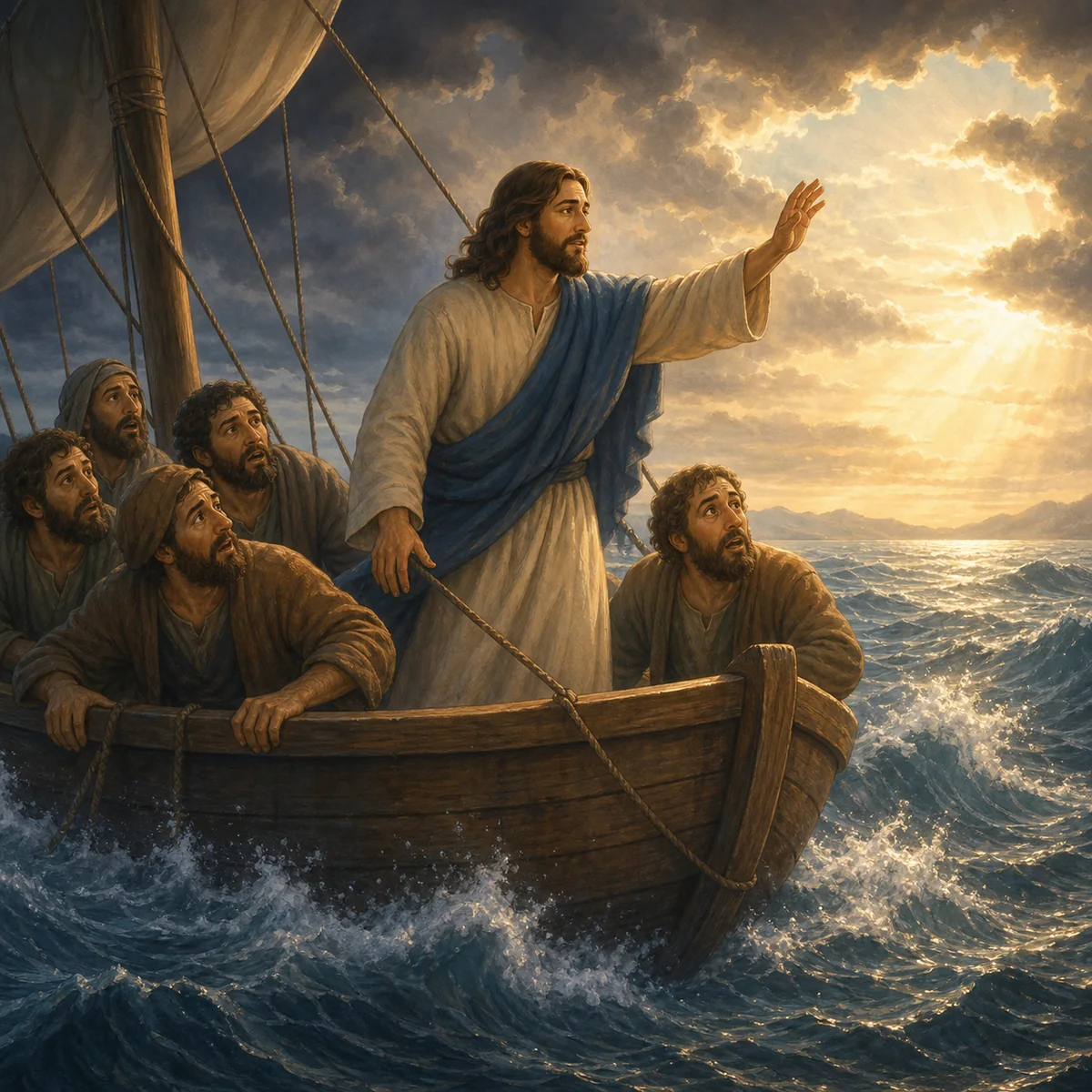 Storybook artwork of Jesus calming a storm from a boat
