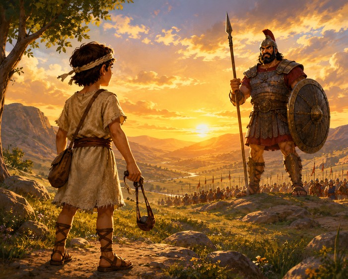 David standing bravely before Goliath in storybook artwork