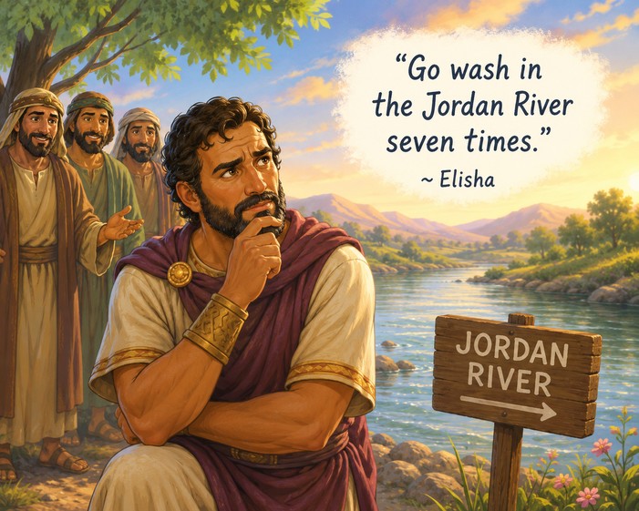 Naaman obeying God's instruction by washing in the Jordan River