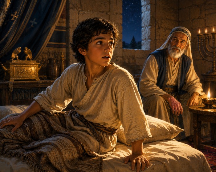 Young Samuel listening as God calls his name at night