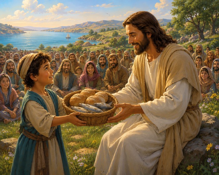 A boy offering five loaves and two fish to Jesus