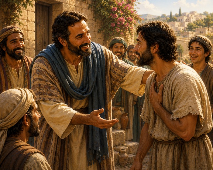 Warm child-friendly illustration for Barnabas, The Great Encourager, a Bible story about Encouragement featuring Barnabas
