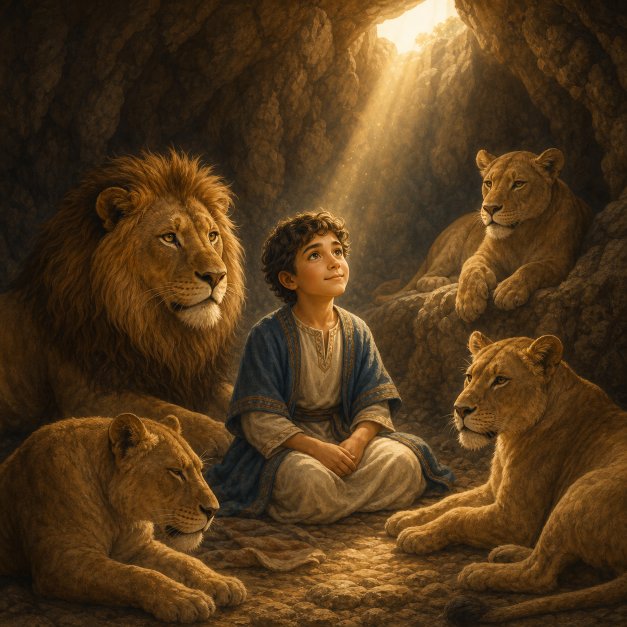 Daniel resting peacefully while God protects him among the lions
