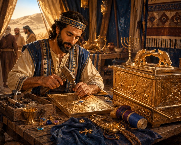 Bezalel working carefully as the special builder God gifted with creativity and skill