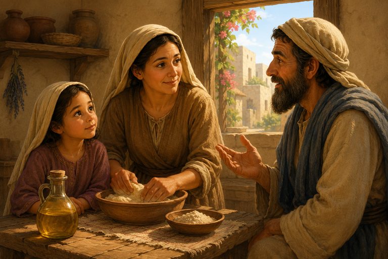 Warm child-friendly illustration for The Tiny Jar of Oil, a Bible story about trusting God featuring Elijah